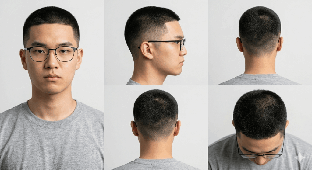 논산훈련소 두발규정에 따라 이발한 상태 예시 앞,옆,뒤,위에서 본 모습