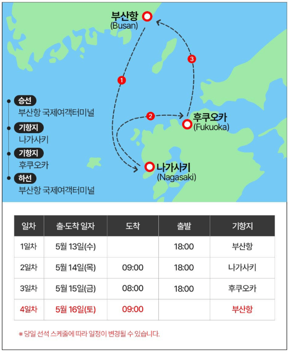 이스턴크루즈 운항 경로와 출발 도착 시간