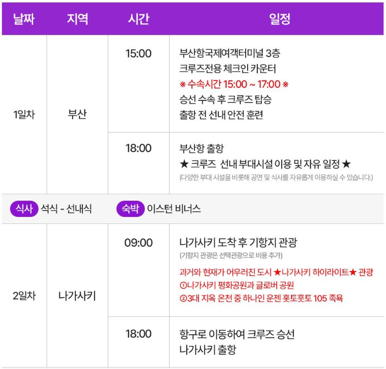 이스턴크루즈 1,2일차 일정