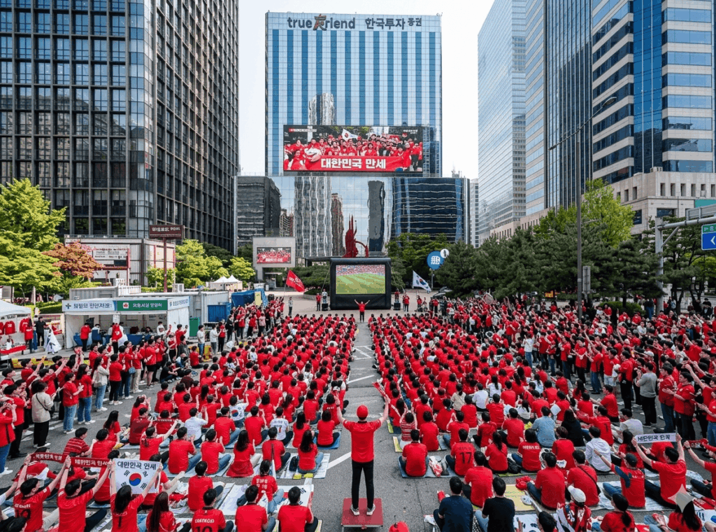 2026 북중미 월드컵 여의도 한국투자증권 앞에서 붉은 옷을 입은 응원단 수백명이 열심히 응원을 하고 있다.
