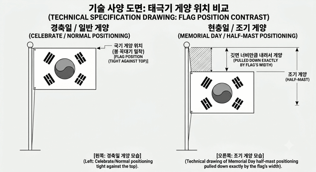 태극기를 다는 방법 일반게양과 조기게양을 비교하여 설명함